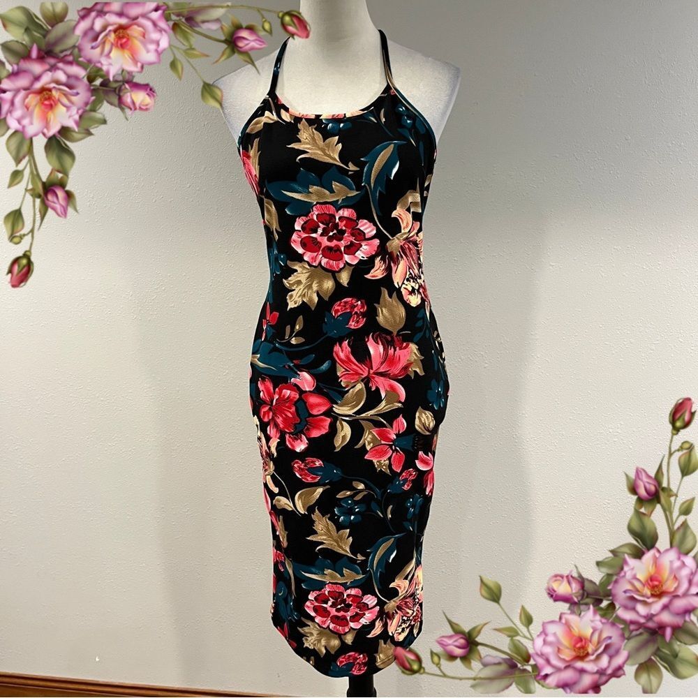Floral Black Midi Dress with Pink Red Blooms